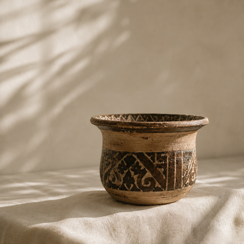 Håndlaget keramikkopp fra Serayu Pottery i Ubud, Bali, med håndmalte mønstre i varme jordtoner.