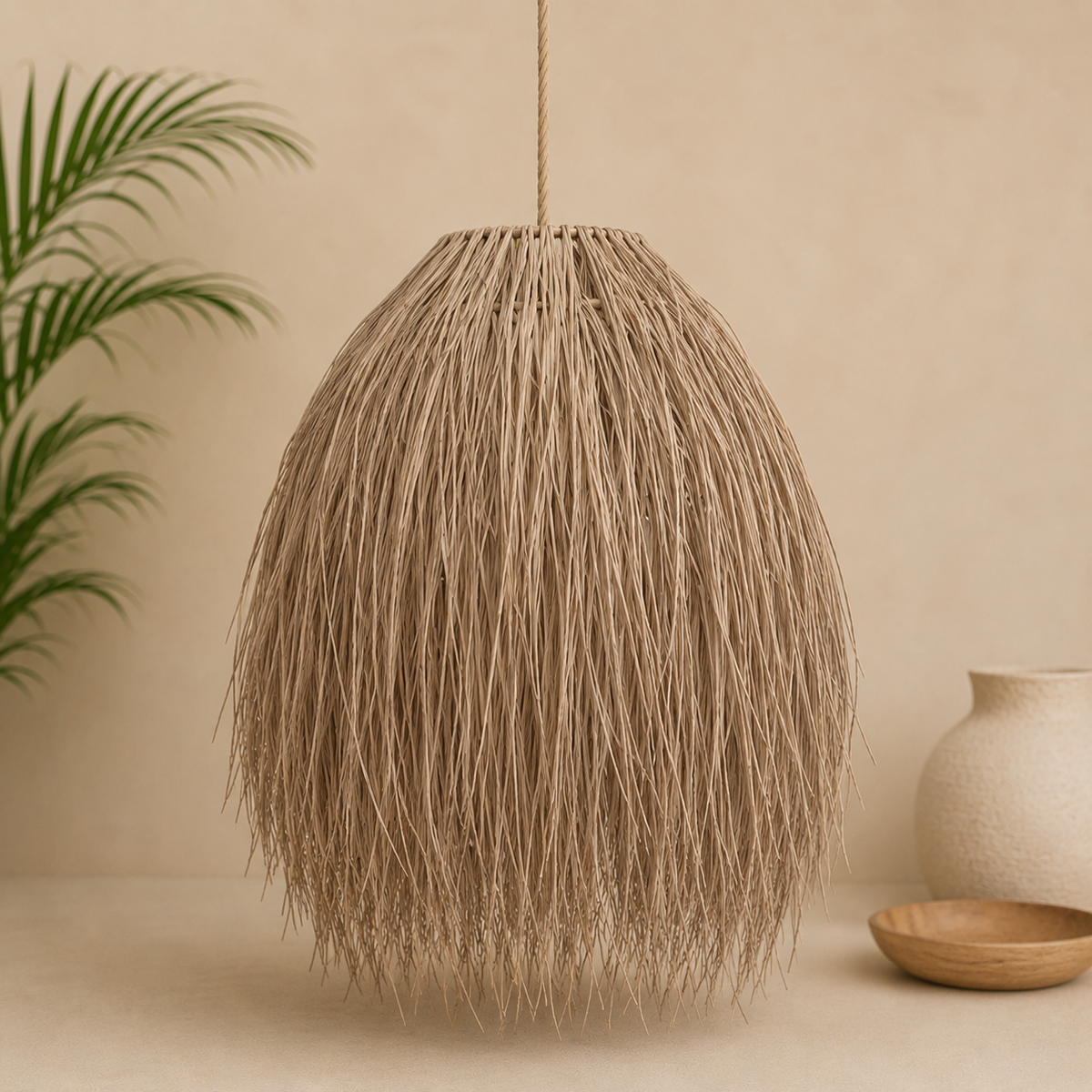 Pendellampe med lange naturfiber laget av agel