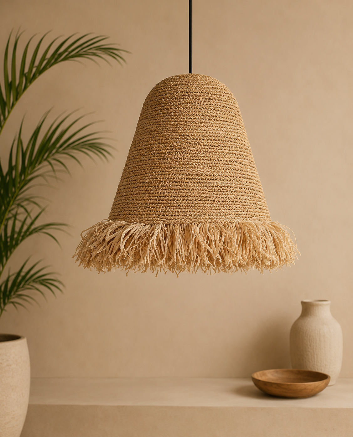 Håndlaget taklampe i agel Flora fra Bali med dekorativ frynsekant i naturlig boho-stil.