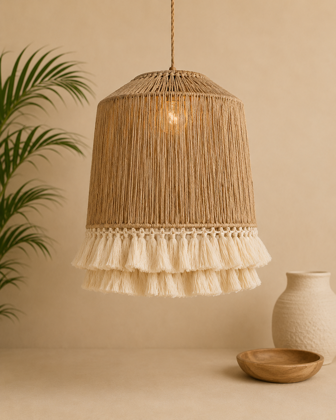 Håndlaget taklampe i agel Isla fra Bali med dekorative frynser i naturlig boho-stil.