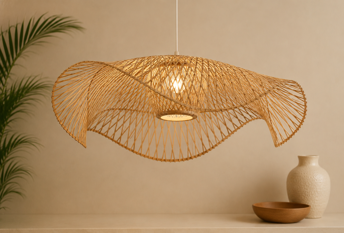 Håndlaget taklampe i rattan Wave fra Bali med organisk bølgende design i naturfarget rattan.