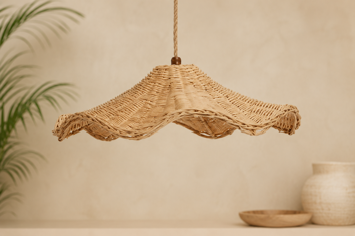 Håndlaget taklampe i rotting Onda fra Bali med organisk bølgende design i naturfarget rotting.