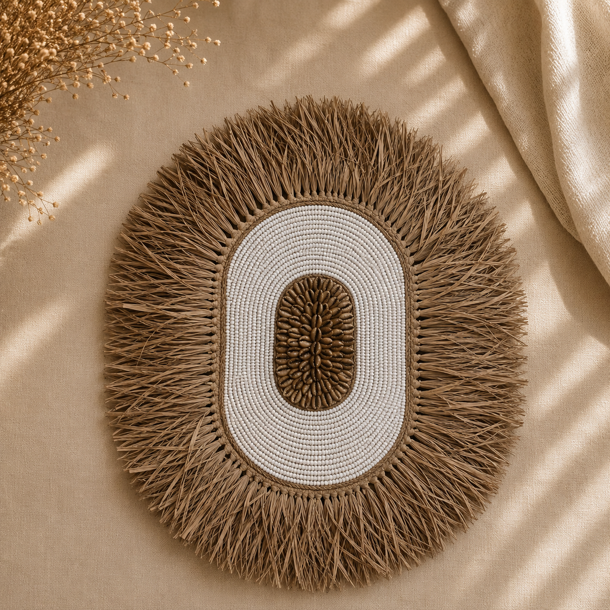 Håndlaget veggdekor i skjell og alang-alang fra Bali i naturlige beige og hvite toner.